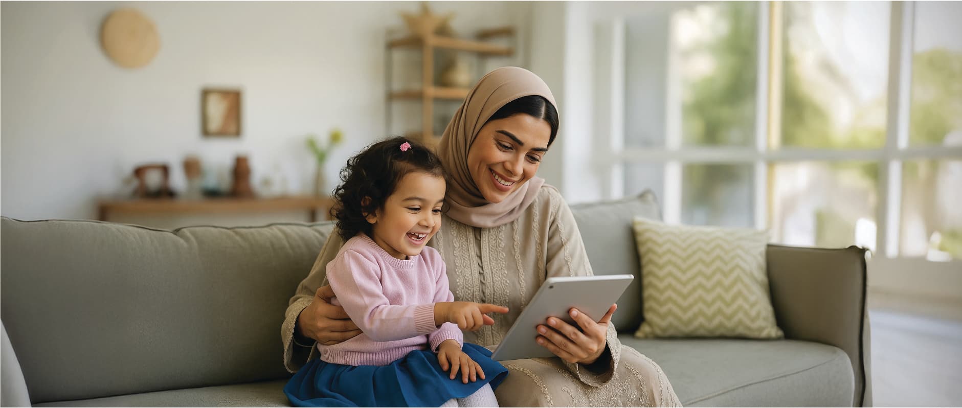Woman and child using tablet together